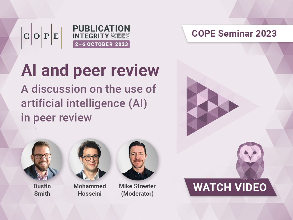 Text “AI and peer review” above images of the speakers. An origami owl sits in the corner above the banner “watch video”.